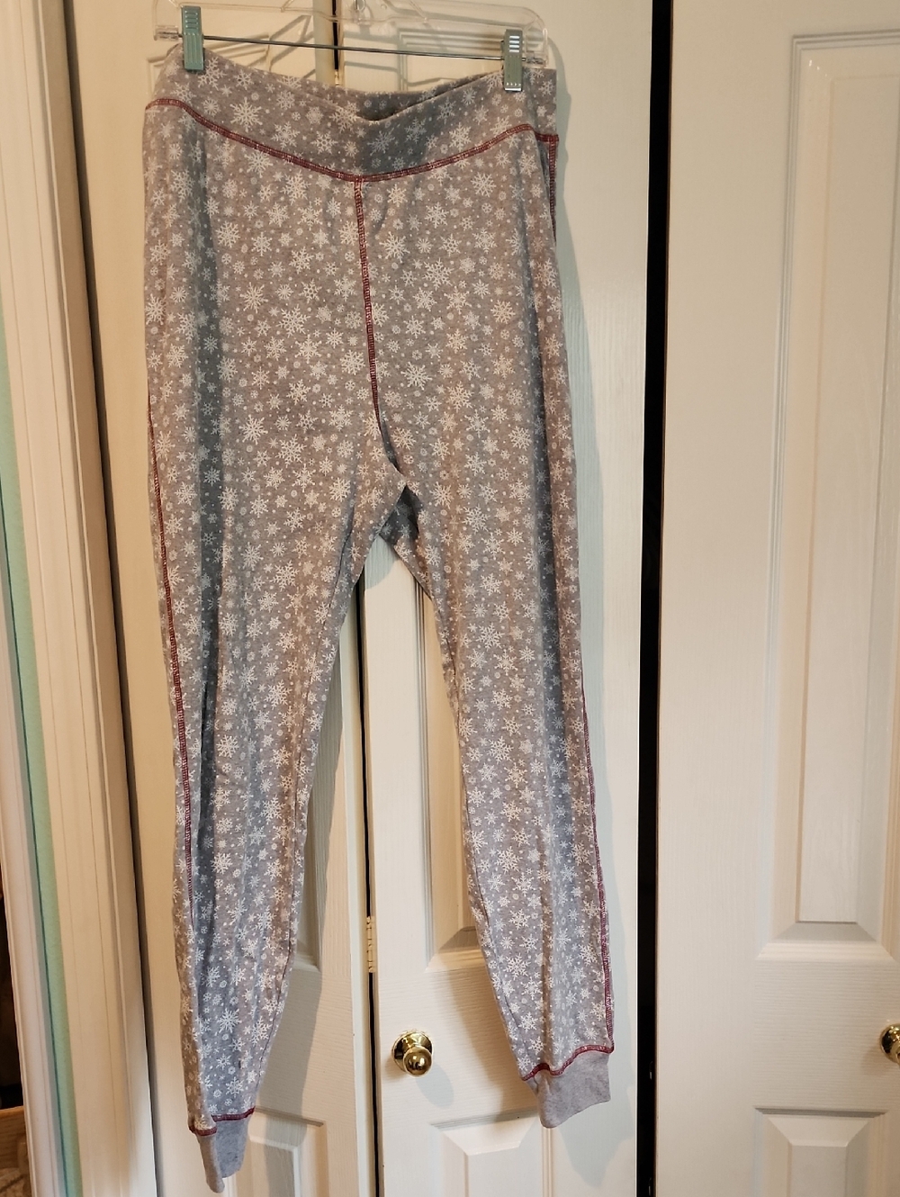Gray Snowflake Print Lounge Pants with Red Stitching